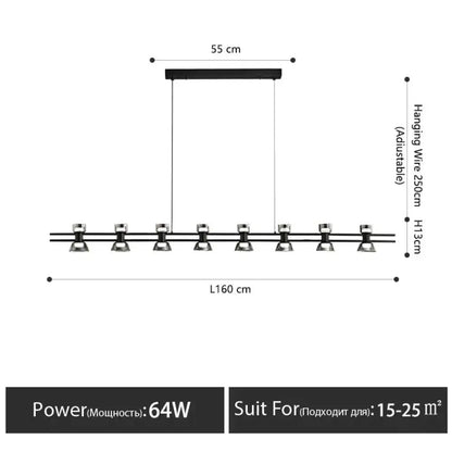 Modern black and chrome linear led strip lamp with ten adjustable spotlights for kitchen island lighting 160 cm length
