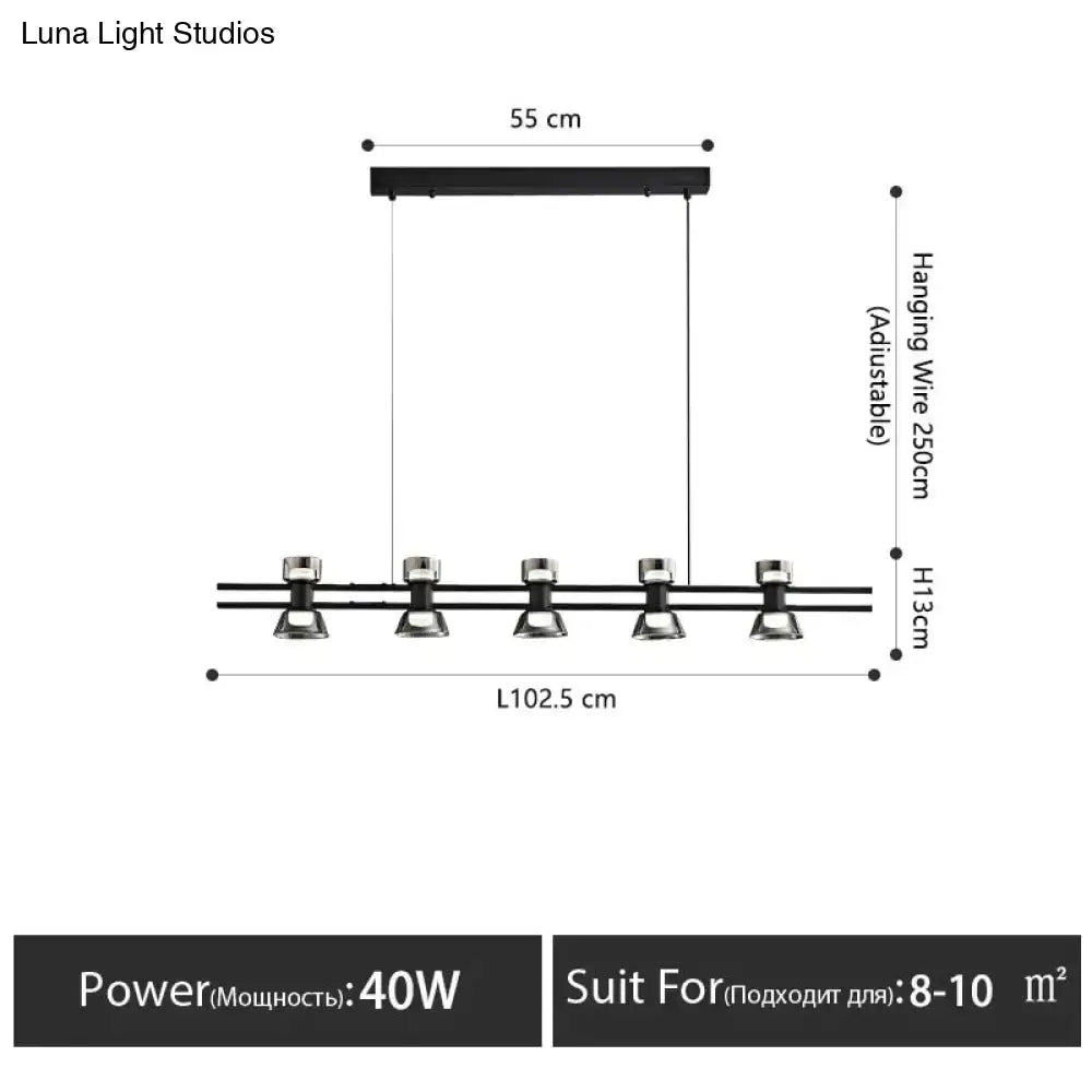 Modern black and chrome linear led strip lamp with five adjustable spotlights for kitchen island lighting