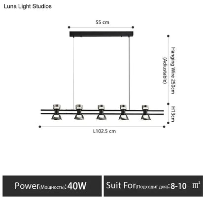 Modern black and chrome linear led strip lamp with five adjustable spotlights for kitchen island lighting