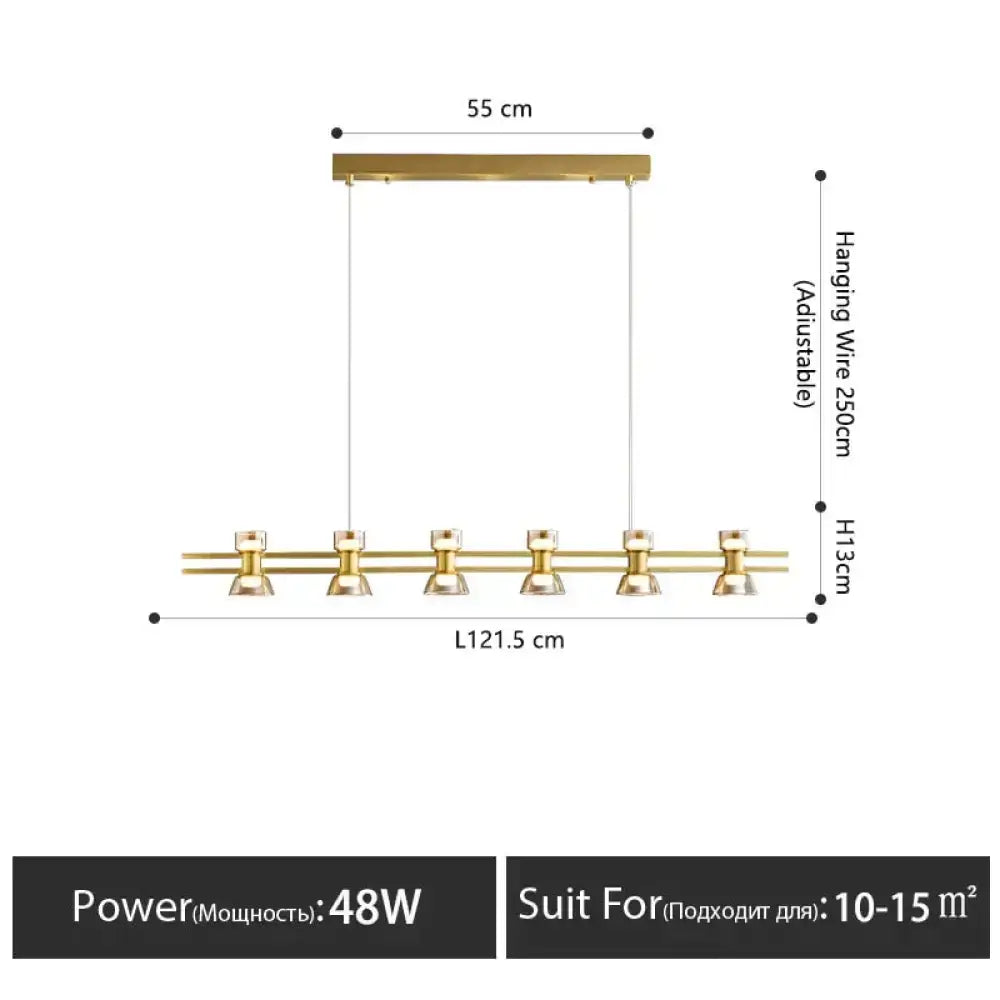 Modern gold-toned linear led strip lamp with six sleek fixtures for kitchen island lighting with minimalist design