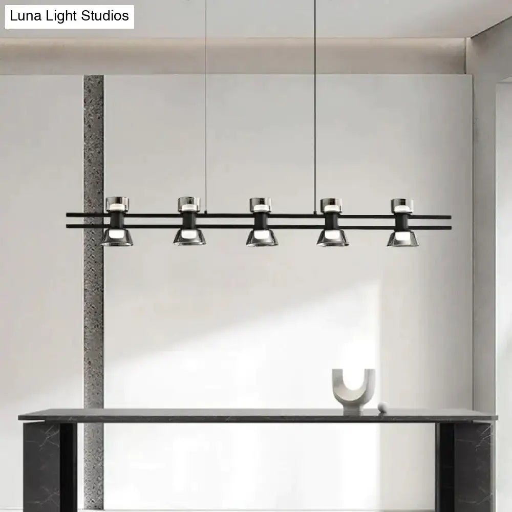 Modern black and chrome linear led strip lamp with five chrome spotlights for kitchen island lighting