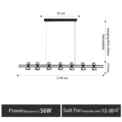 Modern black and chrome linear led strip lamp with six adjustable spotlights and 140 cm length for kitchen islands