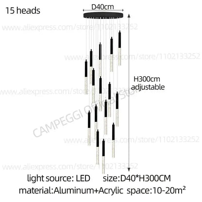 Modern black and clear acrylic decorbites cylindrical chandelier with 15 led light heads for staircase lighting