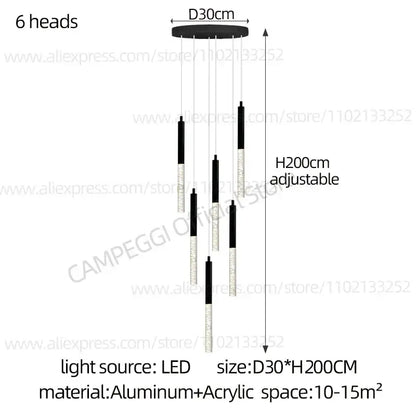 Modern black and clear acrylic decorbites cylindrical chandelier with six led lights for staircase lighting decorbites cylindrical chandelier