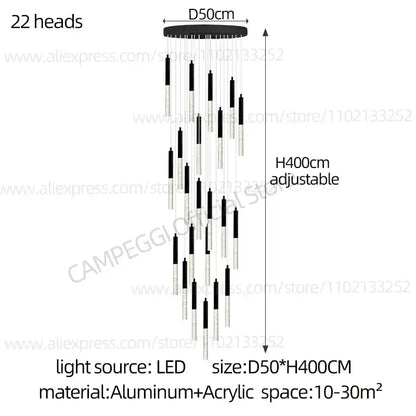 Modern black and clear glass decorbites cylindrical chandelier with 22 led light heads for staircase lighting