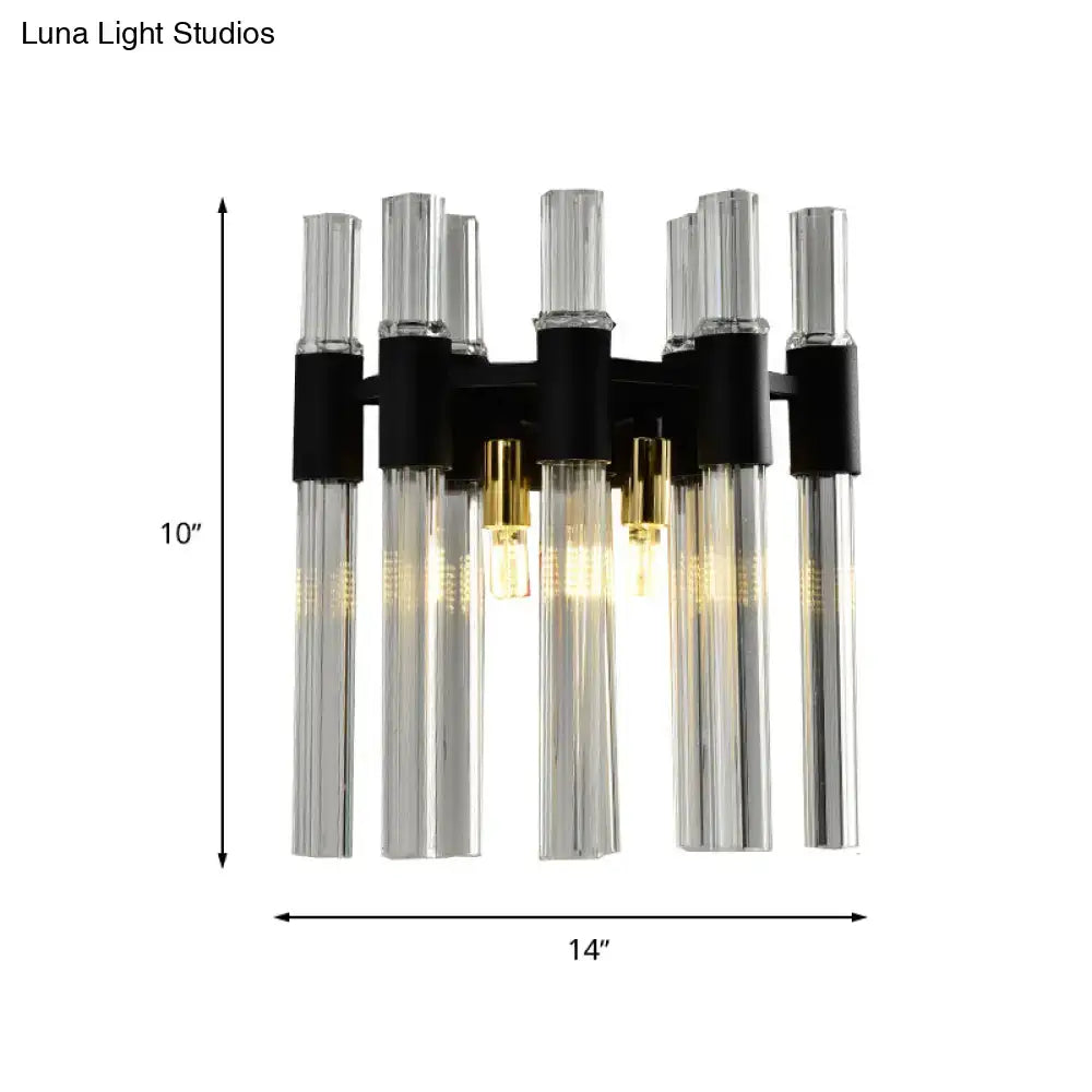 Modern black and gold wall lamp with clear glass tube shades for living room lighting and decor