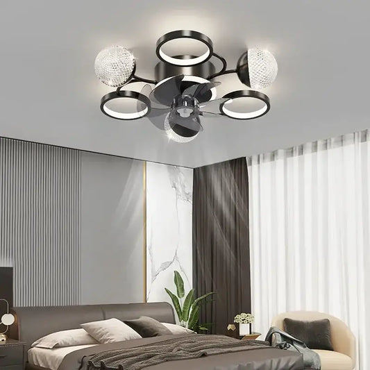 Modern black and crystal led ceiling fan with circular ring chandelier and spherical glass accents for bedroom decorbites led ceiling