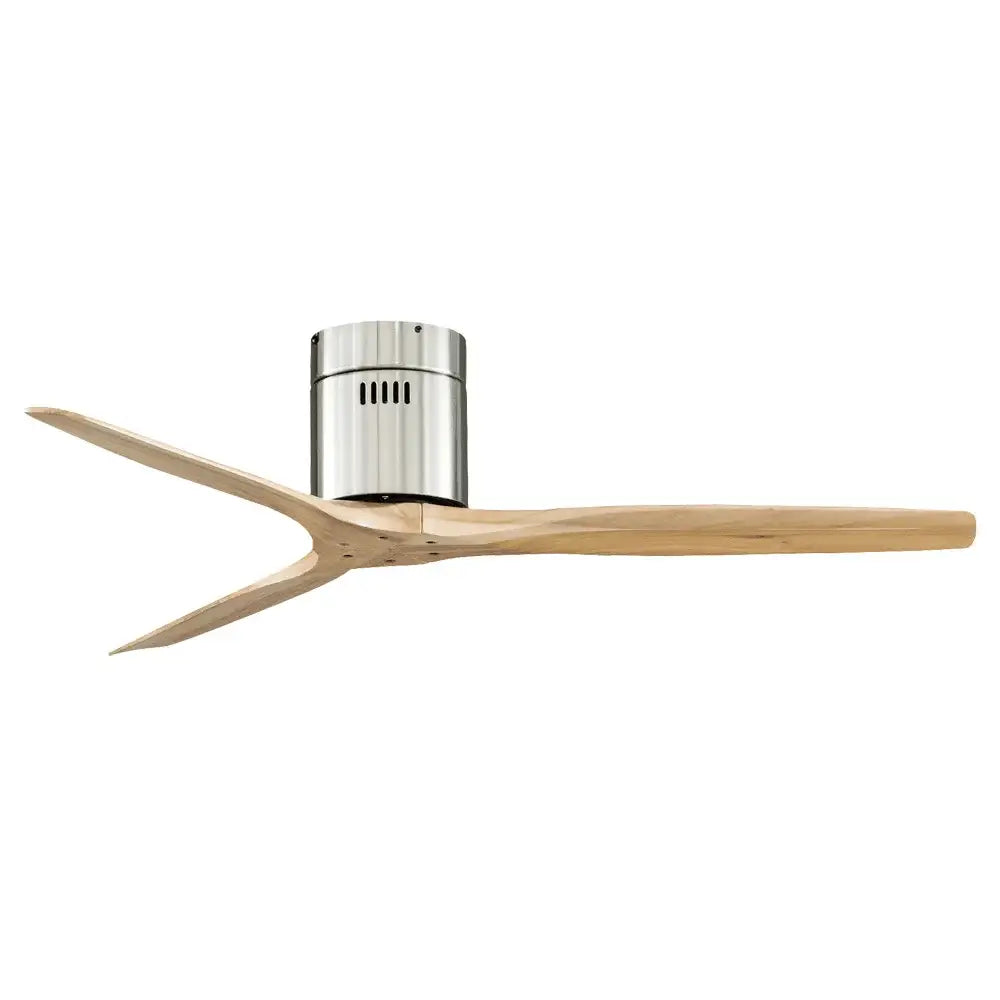 Modern black and dark brown ceiling fan with sleek light wood blades and brushed stainless steel motor housing for living room