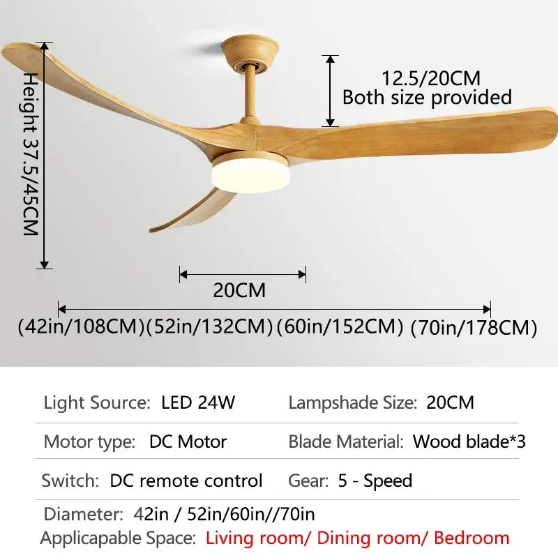 A modern black and dark brown wooden ceiling fan with three light-colored wooden blades and a central led lamp for living rooms