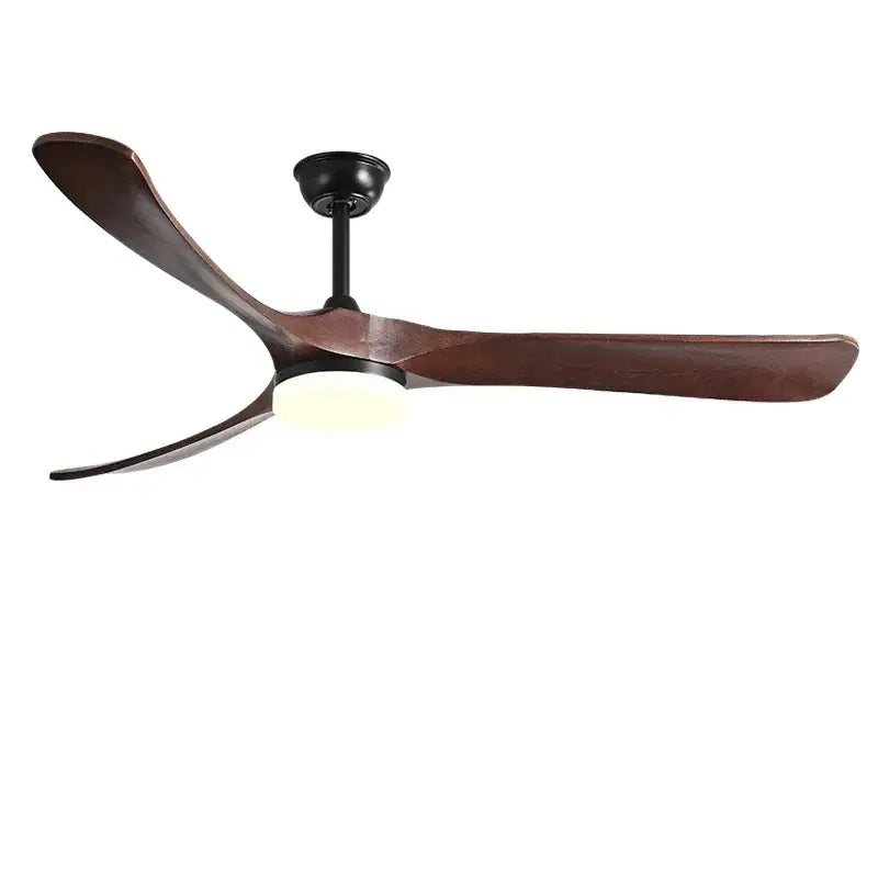 Modern black and dark brown wooden ceiling fan with three blades and integrated light fixture for living room use