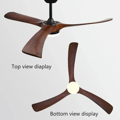 Modern black ceiling fan with three dark brown wooden blades and integrated light for living room lighting wooden ceiling fan