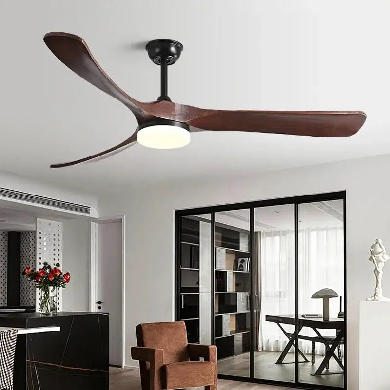 Modern black and dark brown wooden ceiling fan with three blades and integrated circular light for living room use