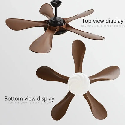 Modern black and dark wood ceiling fan with brown wooden blades, black hub, and white ceiling fan light for living room