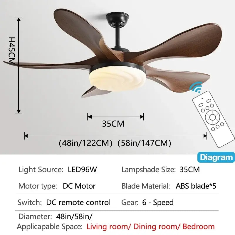 Modern black and dark wood ceiling fan light with five dark wood abs blades and frosted glass fan light for living room