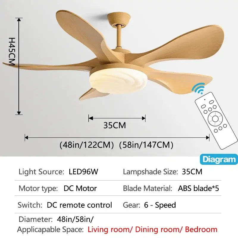 Modern black and dark wood ceiling fan light with five natural wood-colored abs blades and frosted glass lampshade for living room