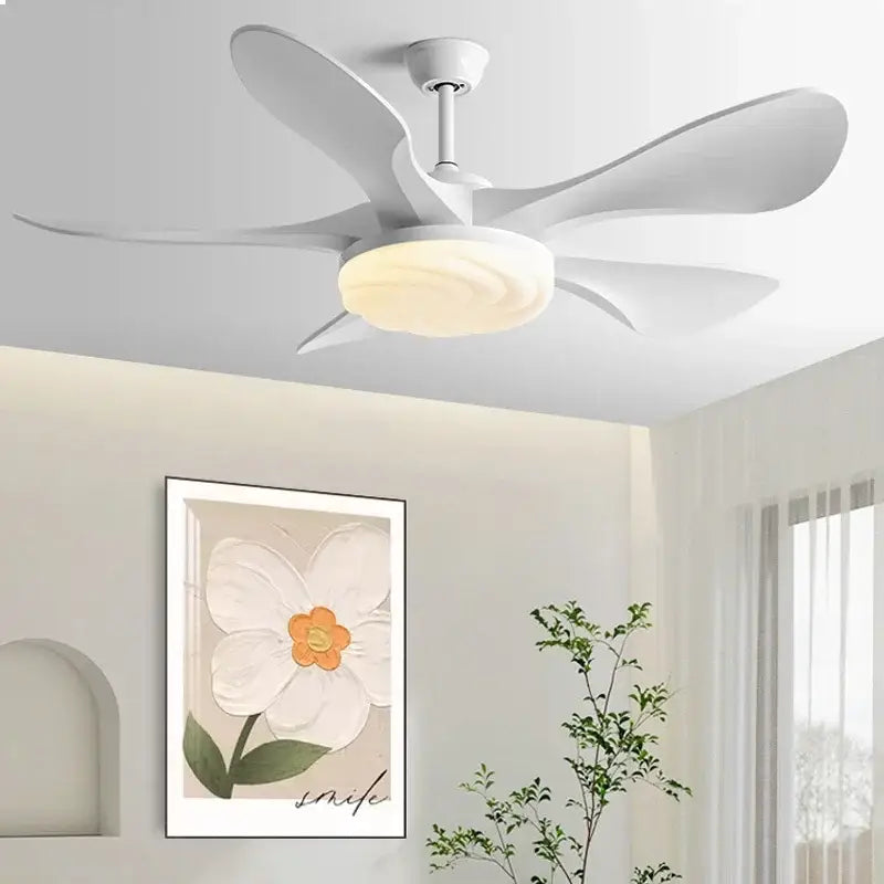 Modern black and dark wood ceiling fan light with white five-blade design and integrated warm-toned LED fan light