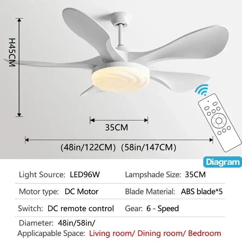White ceiling fan with five abs blades and circular led fan light for modern black and dark wood living room