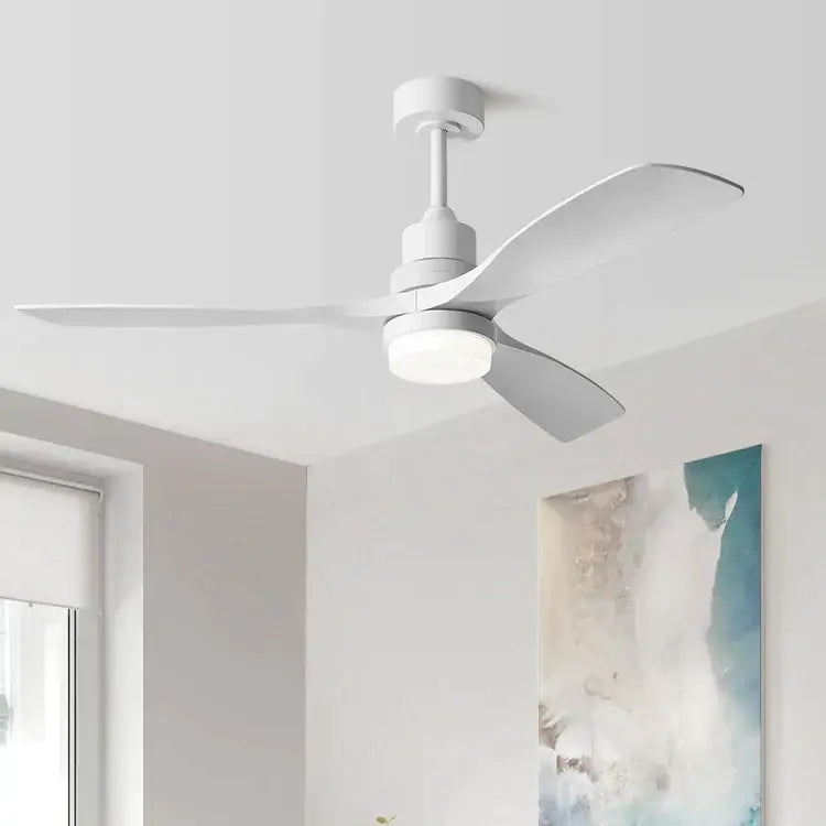 Modern white ceiling fan with sleek aerodynamic blades and integrated 18w led light for bedroom use