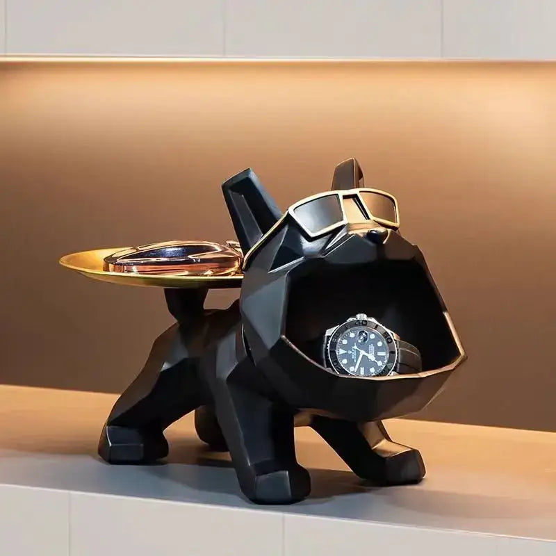 Modern black and gold geometric bulldog butler tray with sunglasses serving as a stylish home decor storage piece