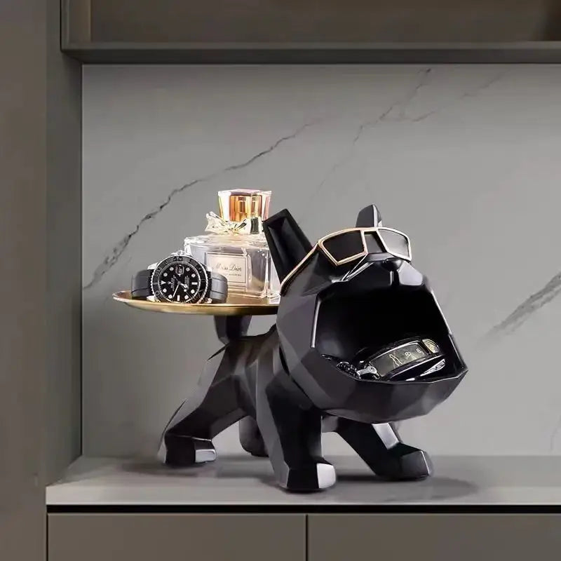 Modern black and gold bulldog butler tray statue featuring geometric design with sunglasses holding watch and perfume for home decor