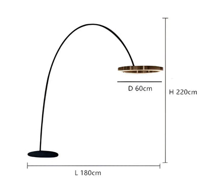 Modern black arched floor lamp with a circular brass-toned light fixture decorbites circular luminescence led design