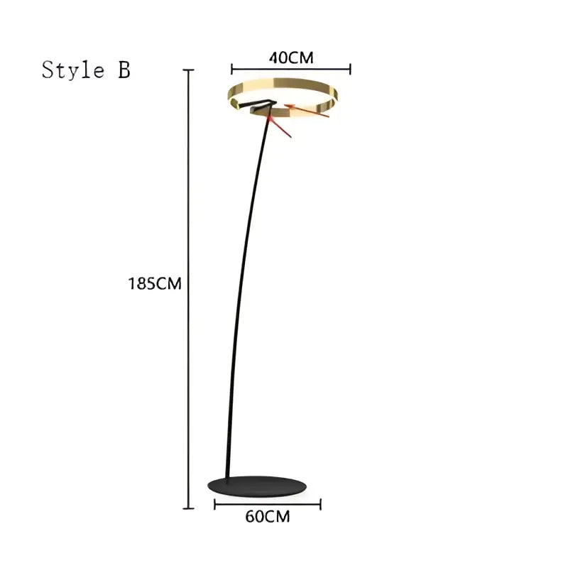 Modern black and gold floor lamp with a circular luminescence led head and sleek curved stem by decorbites circular luminescence