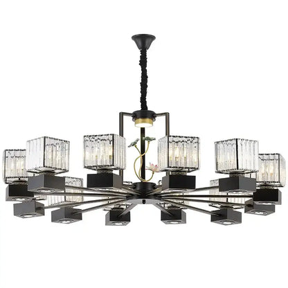Modern black and gold crystal dining room chandelier with rectangular shades and vine design for decorbites crystal dining