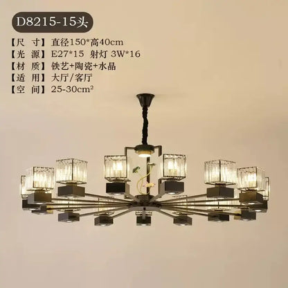 Modern black and gold crystal dining room chandelier with dark metal frame 15 glass candle shades and ceramic accents decorbites crystal dining
