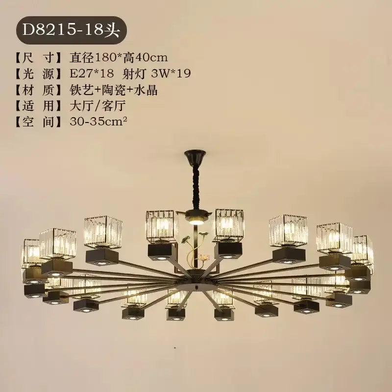 Modern black and gold crystal dining room chandelier with 18 crystal-encased lights and ceramic bases for decorbites crystal dining