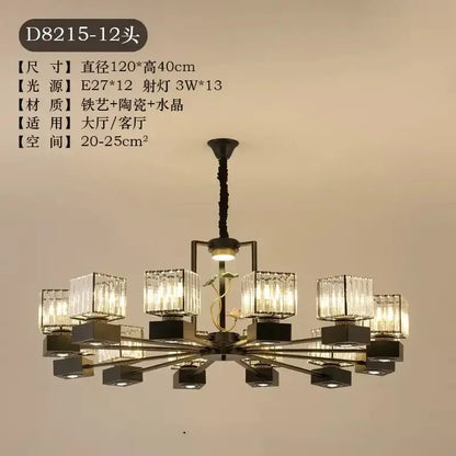 Modern black and gold crystal dining room chandelier with twelve crystal cube shades and ceramic bases for decorbites crystal dining