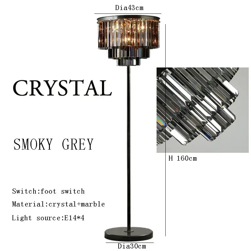 Modern black and gold crystal floor lamp with smoky grey marble base and faceted tiers for living room decor