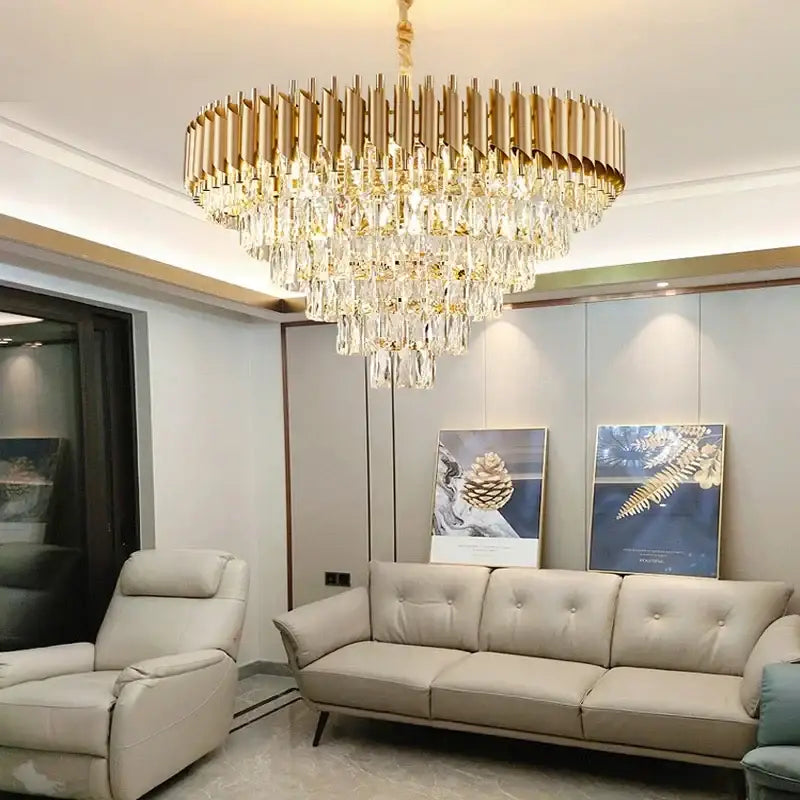 Modern black and gold crystal led pendant chandelier with cascading crystal droplets and vertical metallic rods for dining room decorbites crystal led