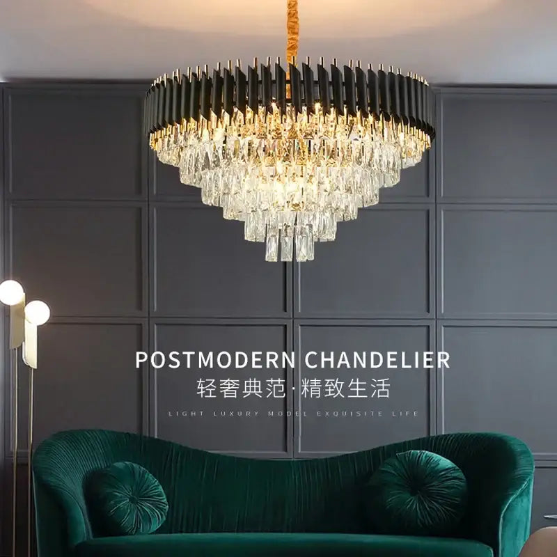 Modern black and gold crystal led pendant chandelier with ribbed frame and cascading prisms for dining room decorbites crystal led