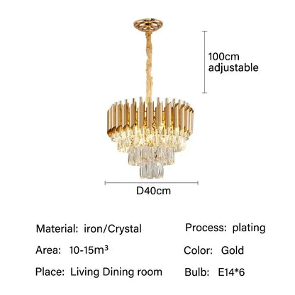 Modern black and gold crystal led pendant chandelier with tiered gold-plated iron rods and hanging crystal droplets