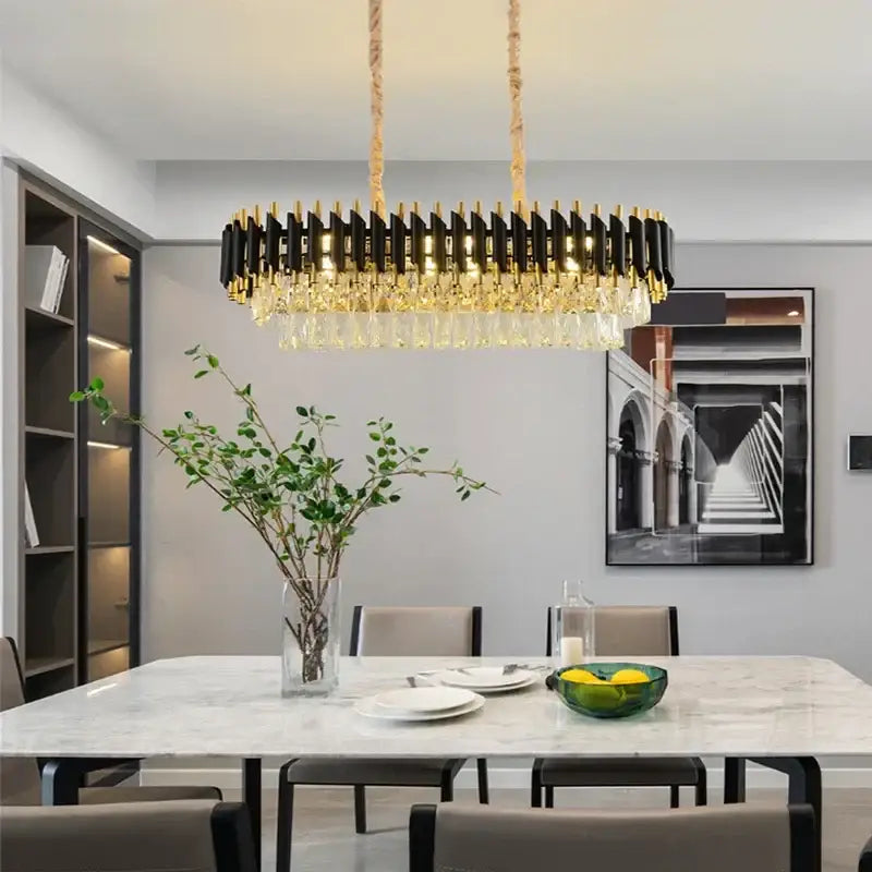 Modern black and gold crystal led pendant chandelier with crystal droplets and braided rope for dining room decorbites crystal led