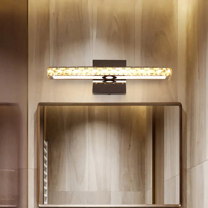 Modern black and gold crystal led wall light with sleek metal frame and embedded golden crystal accents for bathroom use