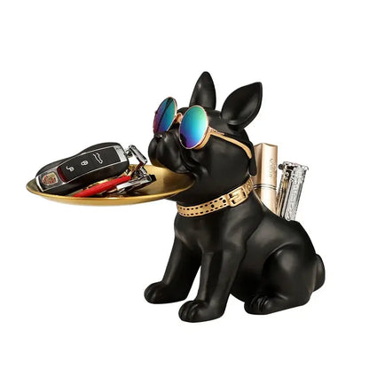 Modern black and gold decorbites bulldog statue holding a golden tray with sunglasses and collar for living room key tray