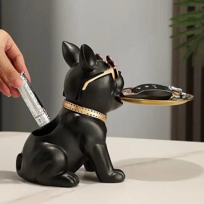 Modern black and gold decorbites bulldog statue key holder with gold-trimmed collar holding a golden tray for keys