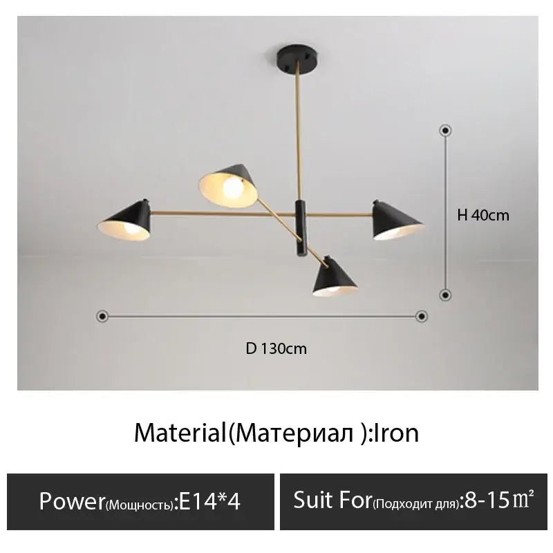 Modern black iron decorbites cone shade chandelier with four conical shades and gold-toned arms for dining room