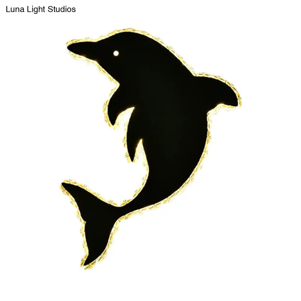 Modern black and gold dolphin crystal wall sconce with 220v-240v and 110v-120v compatibility featuring a gold-trimmed outline