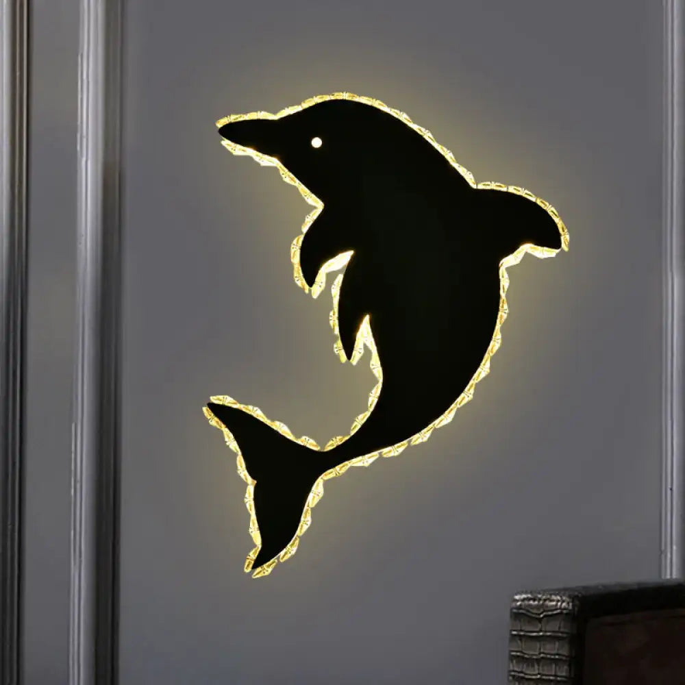 Modern black and gold dolphin crystal wall sconce with glowing outline for 220v-240v and 110v-120v bedroom lighting