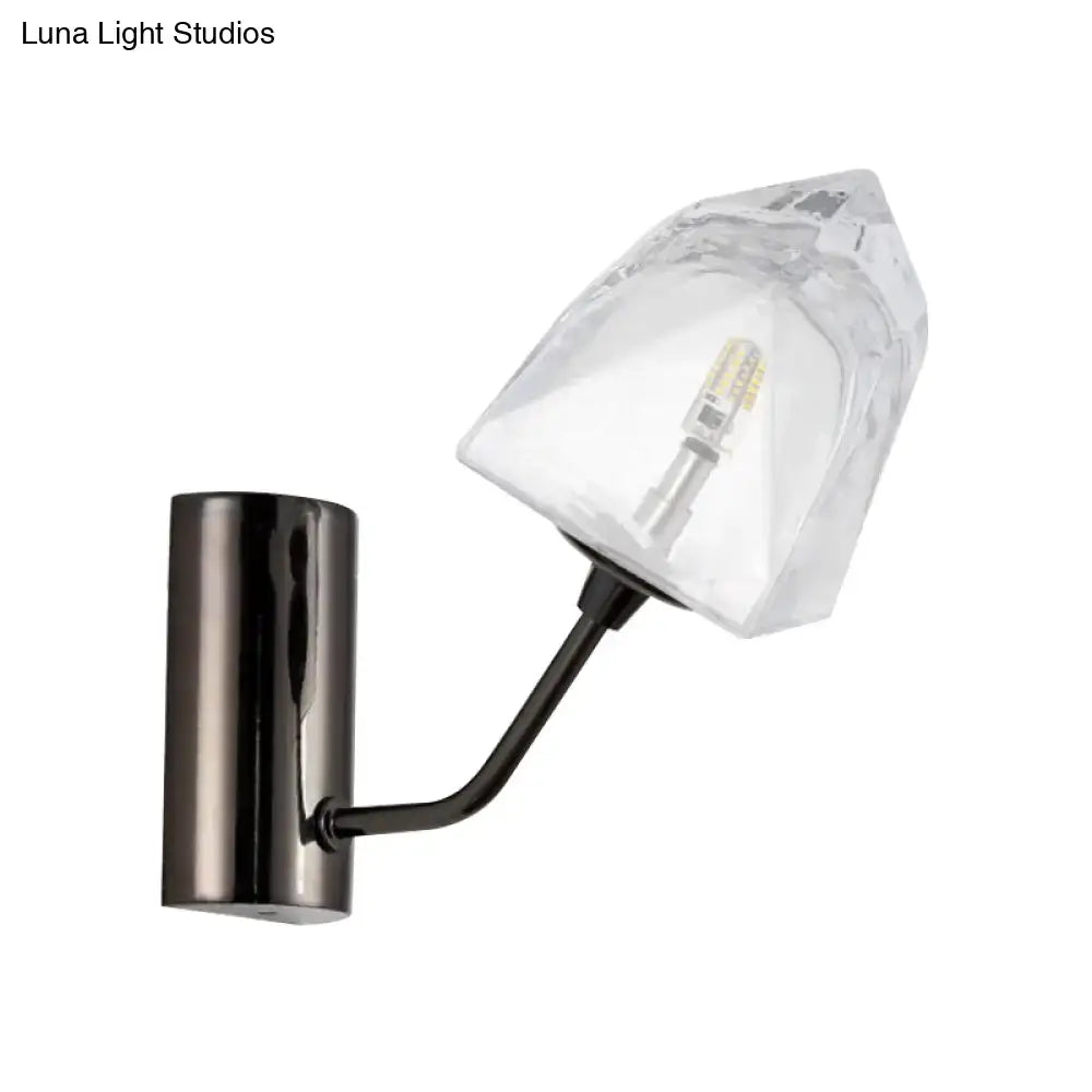 Modern black and gold faceted glass wall sconce with clear shade housing led bulb and black metal bulb base fixture height and backplate width