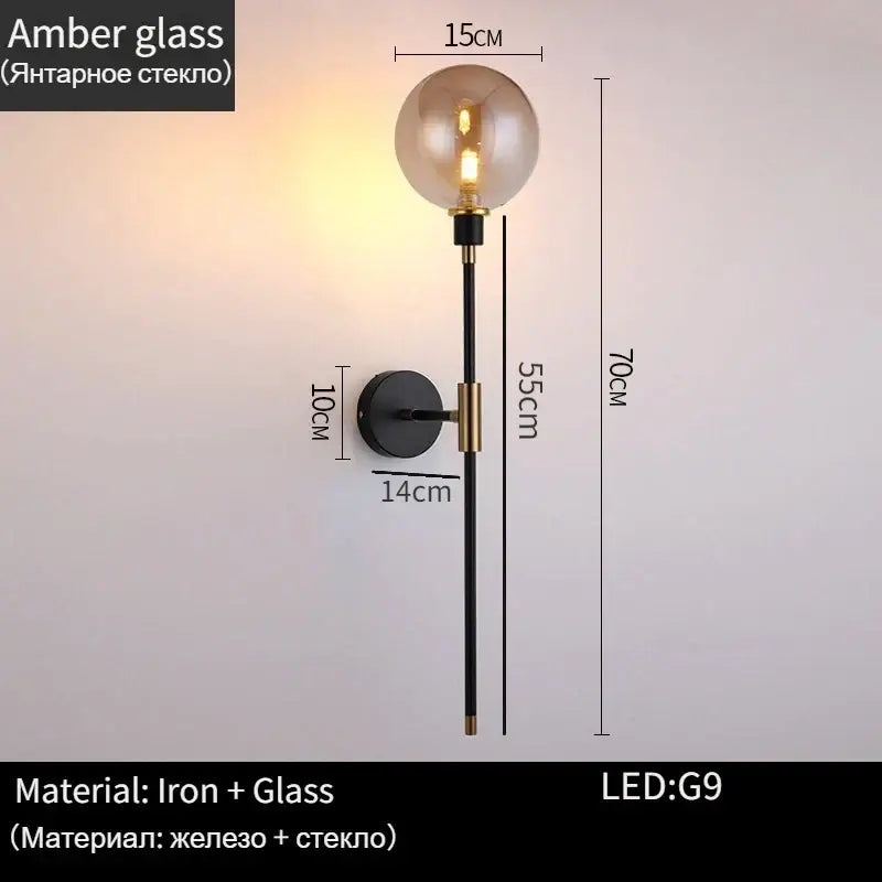 Modern black and gold glass ball wall lamp with amber glass bulb and iron stem for living room decorbites wall lamp