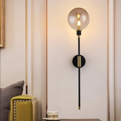 Modern black and gold glass ball wall lamp with smoked glass globe and exposed filament bulb for living room decorbites wall lamp