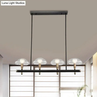 DecorBites black metal pendant light with four cloud-shaped clear glass shades and brass accents for restaurants
