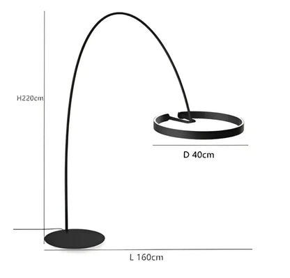Modern black and gold led floor lamp with a sleek curved arch and circular base for living room lighting