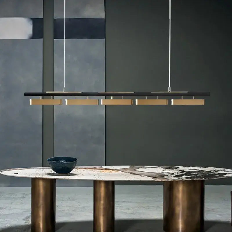 Modern black and gold led strip pendant light with sleek horizontal bar and five rectangular fixtures for dining room decorbites led strip pendant lights