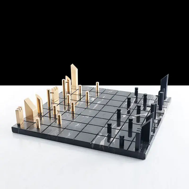 Modern black and gold metal marble chessboard with decorbites golden metal cityscape-themed pieces for living room decor