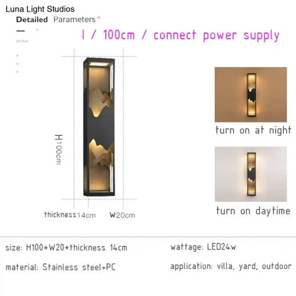 Modern black and gold mountain solar led outdoor light sconce with sleek dark metallic frame and 100cm height