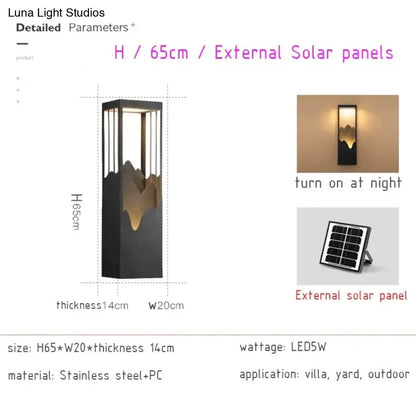 Modern black and gold mountain solar led outdoor light made of black stainless steel and pc with a solar led design